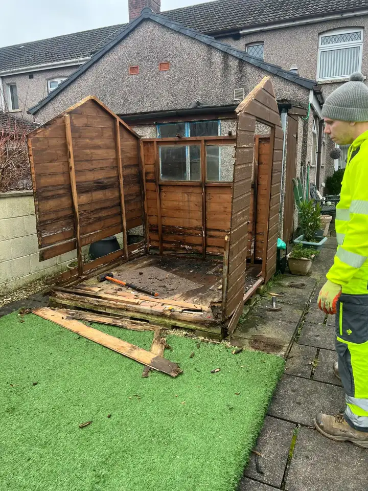 Old timber garden shed part-way through being dismantled and removed